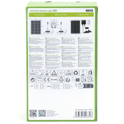 Balenie solárneho závesného LED svetla zobrazuje schému zapojenia, technické parametre (DC12V 500mA, 4W DC5V 1200mA, 6000mAh 21700), životnosť 30000 hodín, farebnú teplotu 6500K, stupeň krytia IP65, index podania farieb CRI ≥70 a kód produktu ZQ-CNH03-GKD-150*2.