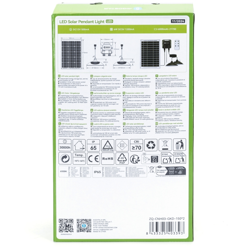 Balenie solárneho závesného LED svetla zobrazuje schému zapojenia, technické parametre (DC12V 500mA, 4W DC5V 1200mA, 6000mAh 21700), životnosť 30000 hodín, farebnú teplotu 6500K, stupeň krytia IP65, index podania farieb CRI ≥70 a kód produktu ZQ-CNH03-GKD-150*2.