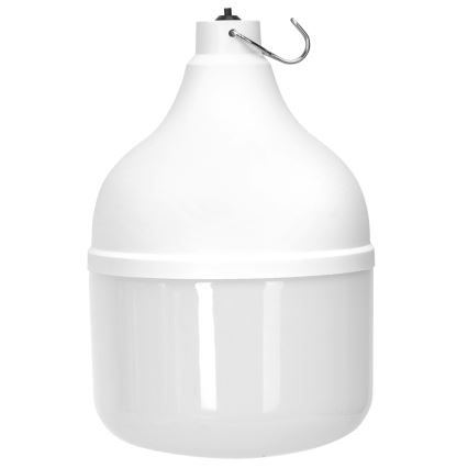 Biela vonkajšia LED lampa visí na háku. Je vyrobená z plastu, má zaoblený tvar a rozptyľuje svetlo. Lampa je zobrazená na bielom pozadí.