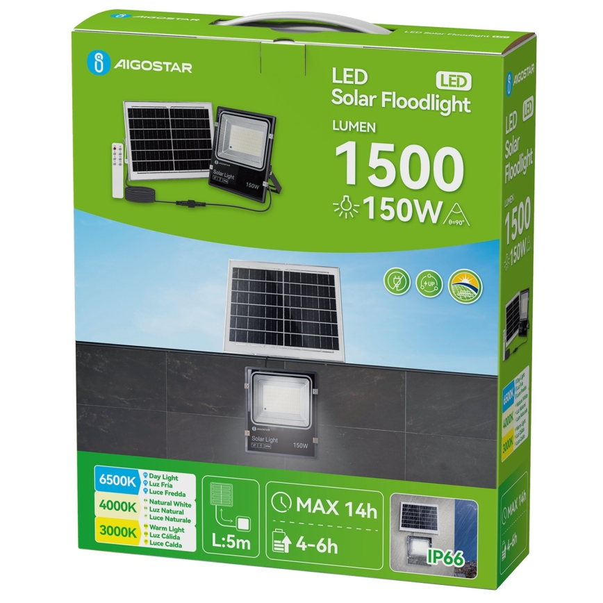 Aigostar - LED solárny reflektor LED/150W/3,2V 3000mAh 3000K/4000K/6500K IP66 + diaľkové ovládanie