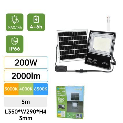 Aigostar - LED Solárny reflektor LED/200W/3,2V 3600mAh 3000K/4000K/6500K IP66 + diaľkové ovládanie