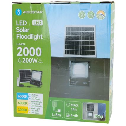 Aigostar - LED Solárny reflektor LED/200W/3,2V 3600mAh 3000K/4000K/6500K IP66 + diaľkové ovládanie
