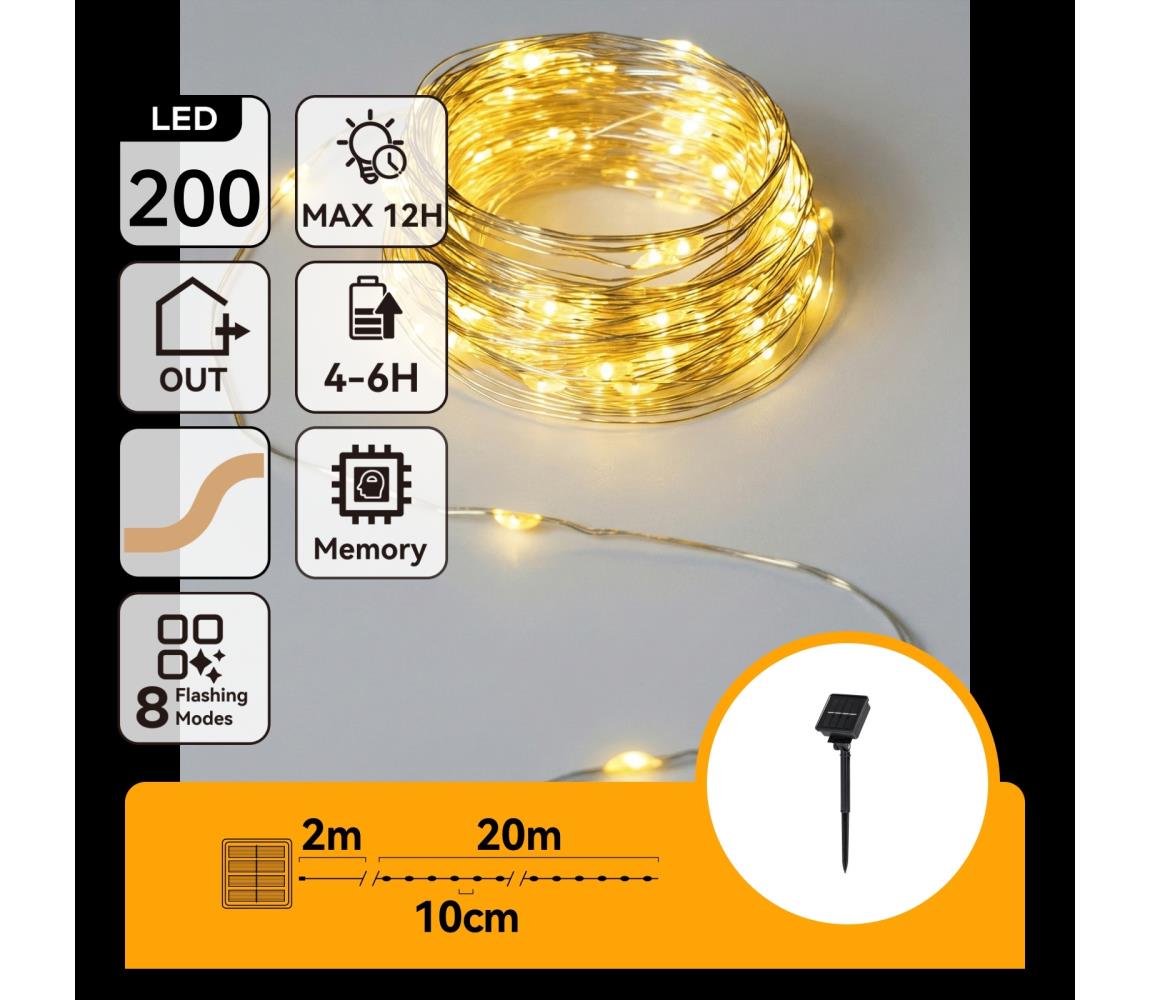 B.V. - LED solárny reťaz 200xLED/8 funkcií 22m IP65 teplá biela 800 mAh B10201ACSK