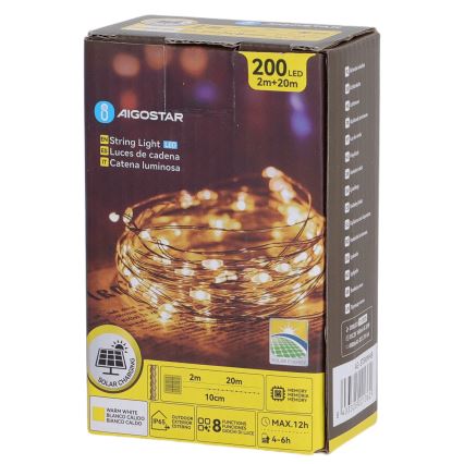 Aigostar - LED solárna svetelná reťaz 200× LED / 8 režimov, 22 m, IP65, teplá biela, 800 mAh