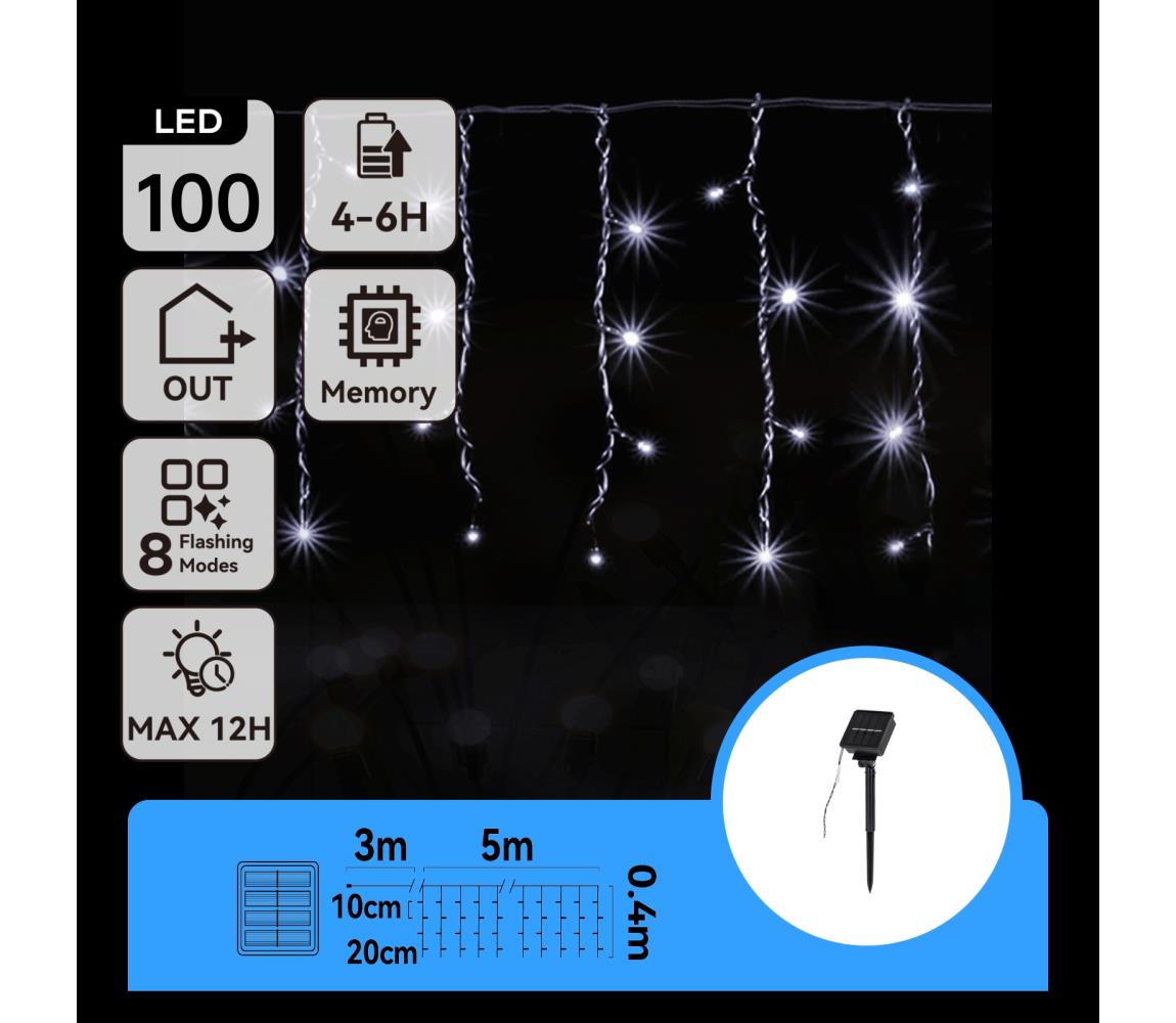 B.V.  - LED solárny reťazec 100xLED/8 funkcií 8x0,4m IP65 studená biela B10201JF8