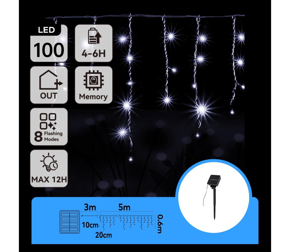 B.V.  - LED solárny reťazec 100xLED/8 funkcií 8x0,6m IP65 studená biela B10201JG1