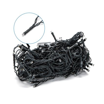 Krabica s LED svetelným reťazcom na solárny pohon. Reťaz obsahuje 100 LED diód, má dĺžku 8 metrov a je zobrazená na obale. Krabica obsahuje informácie o produkte.