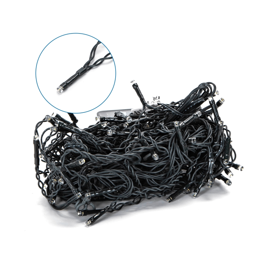 Krabica s LED svetelným reťazcom na solárny pohon. Reťaz obsahuje 100 LED diód, má dĺžku 8 metrov a je zobrazená na obale. Krabica obsahuje informácie o produkte.