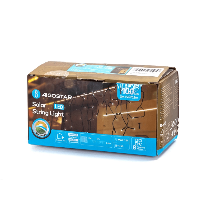 Aigostar – LED solárny svetelný reťazec 100×LED, 8 režimov, 8×0,6 m, 500 mAh, IP65, studená biela