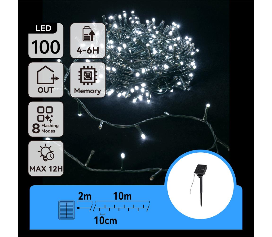 B.V.  - LED solárny reťazec 100×LED/8 funkcií 12 m IP65 studená biela B10201K79