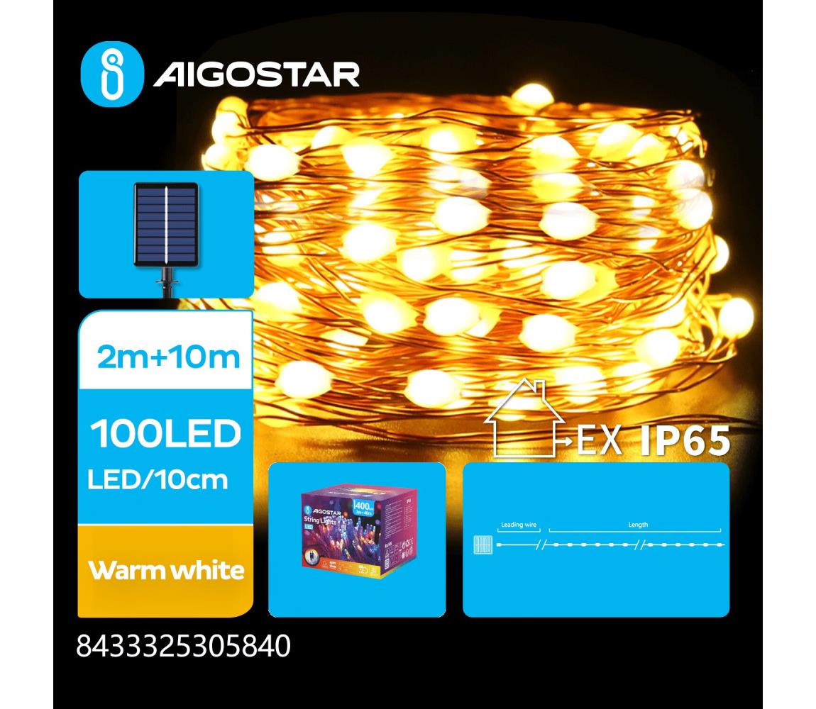 B.V.  - LED solárny reťazec 100×LED / 8 režimov, 12 m, IP65, teplá biela B10201K75