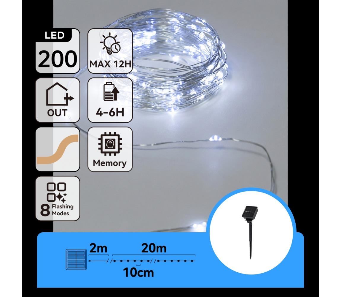B.V. - LED solárny reťazec 200xLED/8 funkcií 22m IP65 studená biela 800 mAh B10201ACSJ
