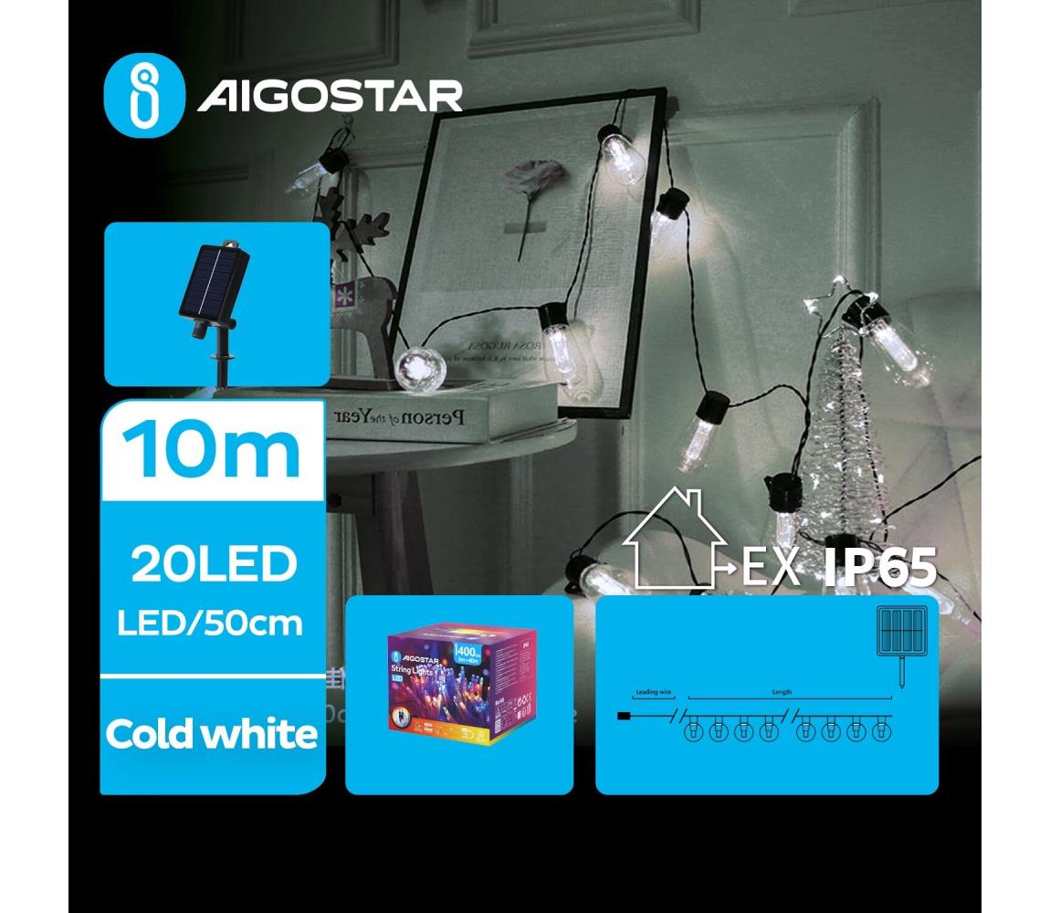 B.V. - LED solárny reťazec 20xLED/8 funkcií 11,5m IP65 studená biela B10201Q8N