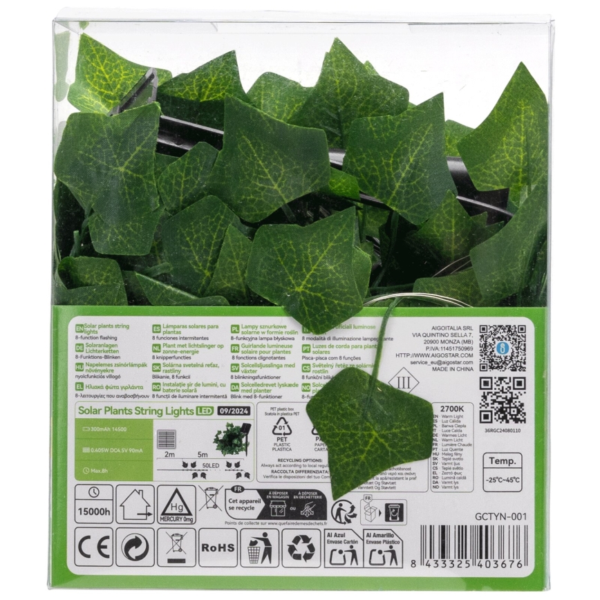 LED svetelný veniec tvarovaný ako brečtan, s funkciou blikania, je zabalený v kartónovej krabičke. Krabica obsahuje informácie o produkte a recyklácii.