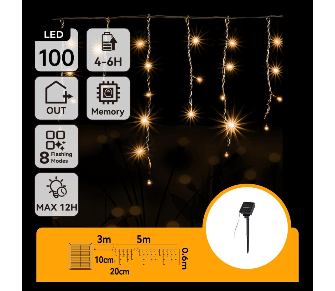 B.V.  - LED solárny svetelný reťazec 100xLED/8 funkcií 8x0,6m IP65 teplá biela B10201JG0