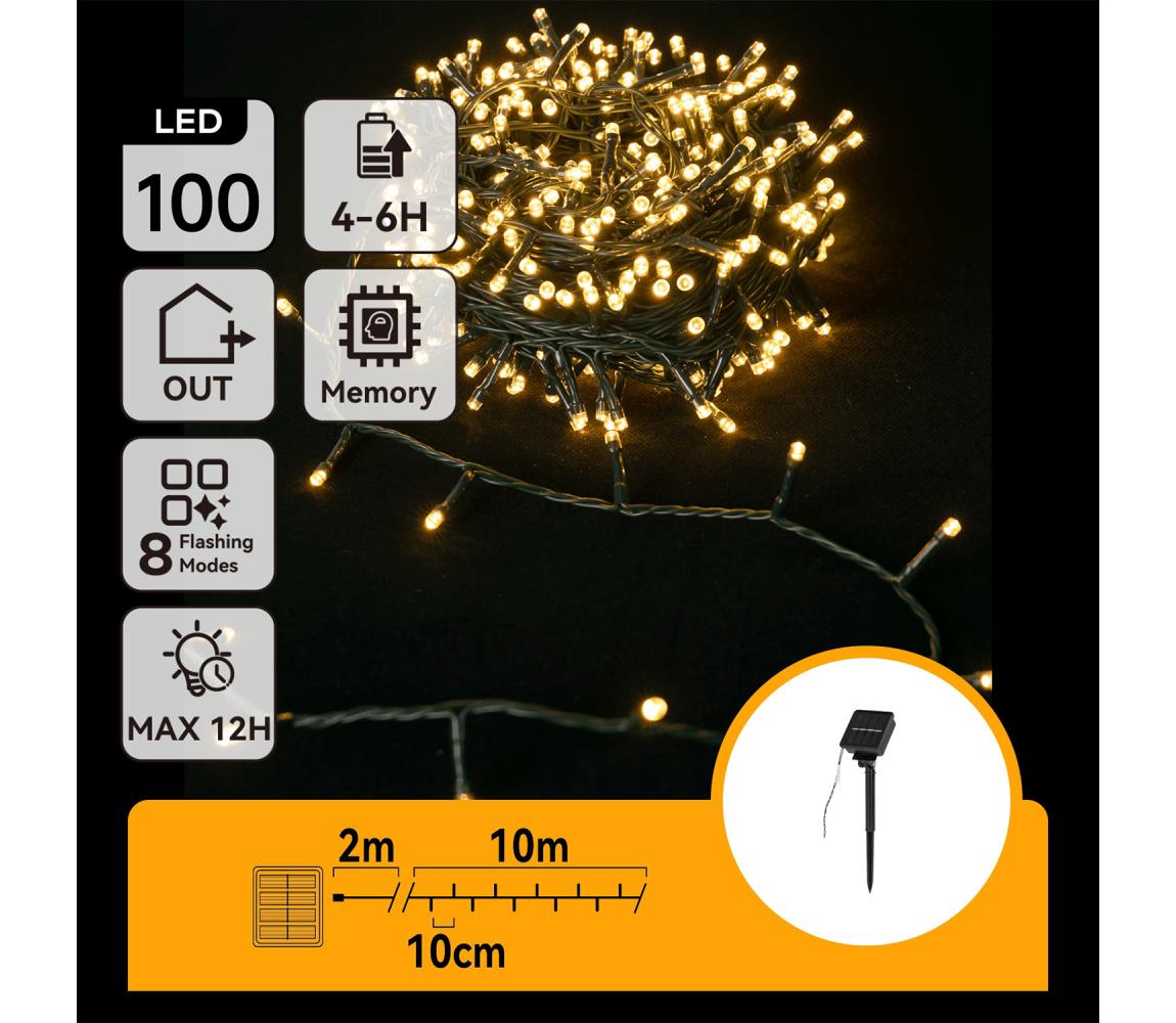 B.V.  - LED solárny svetelný reťazec 100xLED/8 režimov 12m IP65 teplá biela B10201K78