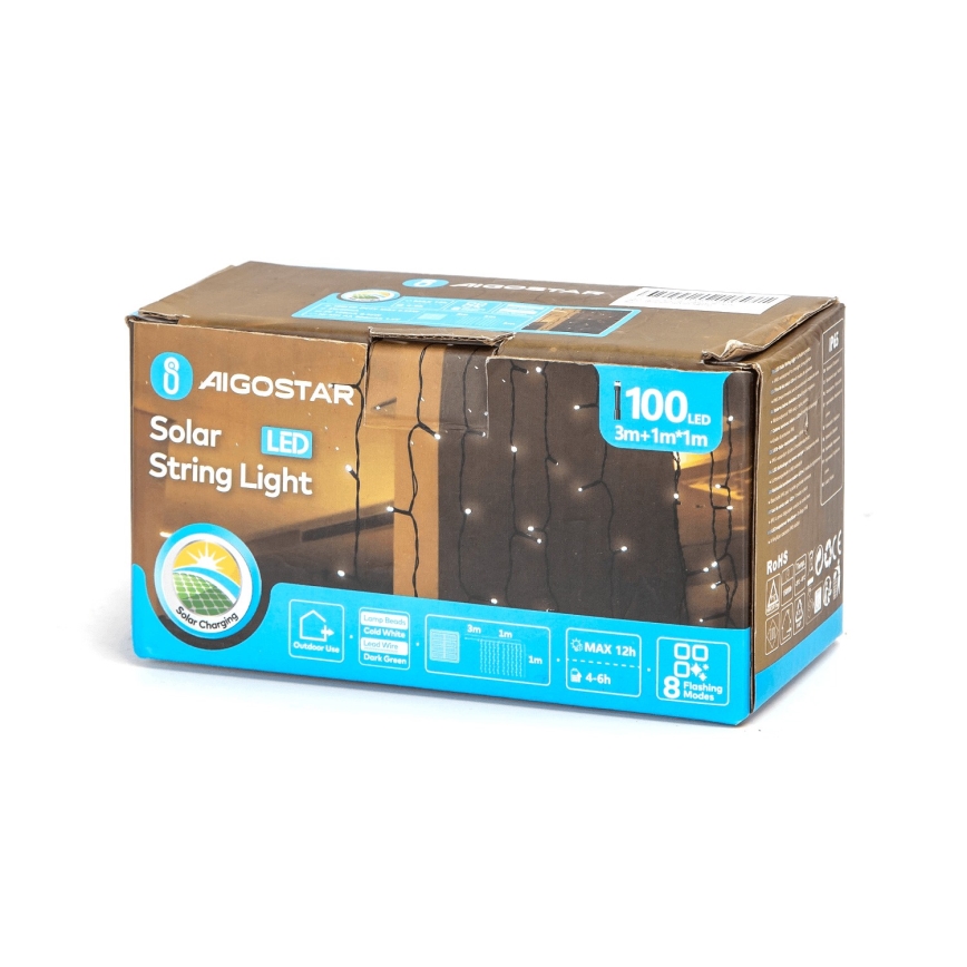 Balenie solárnych svetiel s 100 LED diódami zobrazuje na obrázku rozložené svetielka na stene. Balenie je označené ako AIGOSTAR Solar LED String Light, 3m+1m*1m, s výdržou 4-6 hodín a maximálne 12 hodín.