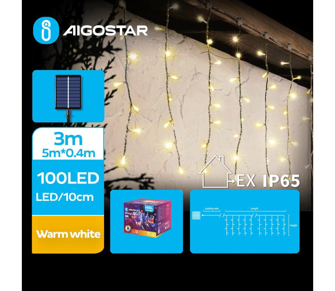 B.V.  - LED solárny svetelný reťazec 100× LED / 8 funkcií, 8×0,4 m, IP65, teplá biela B10201JF7