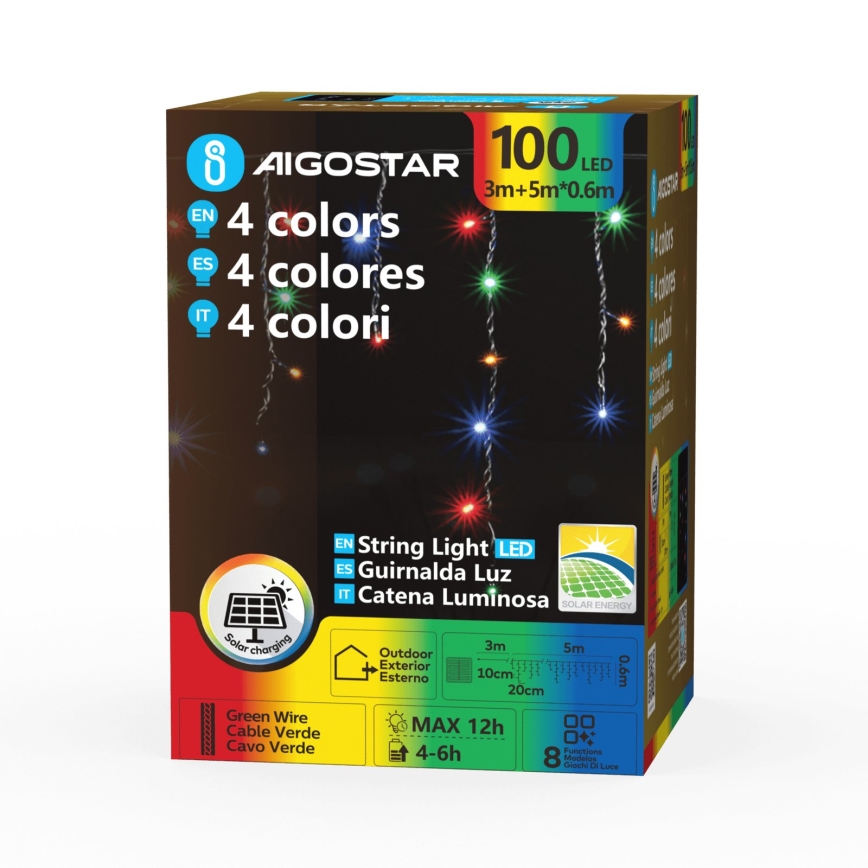 Aigostar - LED solárny vianočný reťaz 100xLED/8 funkcií 8x0,6m 800 mAh IP65 viacfarebný