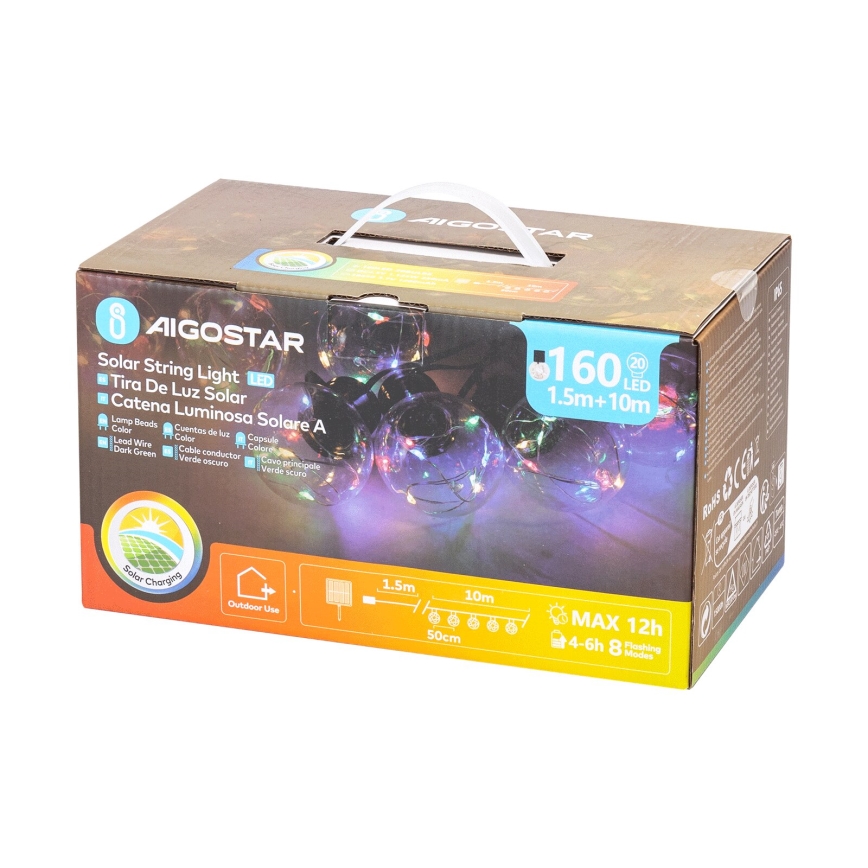 Aigostar - LED Solárny vianočný reťaz 20xLED/8 funkcií 11,5m IP65 viacfarebný