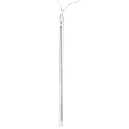 LED tyčinka s niekoľkými LED diódami je zobrazená na bielom pozadí. Tyčinka je umiestnená vertikálne. Z oboch koncov vychádzajú tenké vodiče.