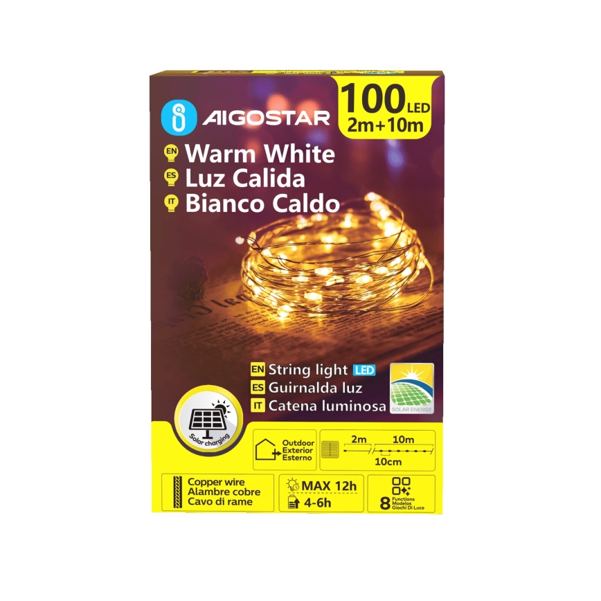 Aigostar - LED solárny vianočný reťazec 100xLED/8 funkcií 12m 800 mAh IP65 teplá biela