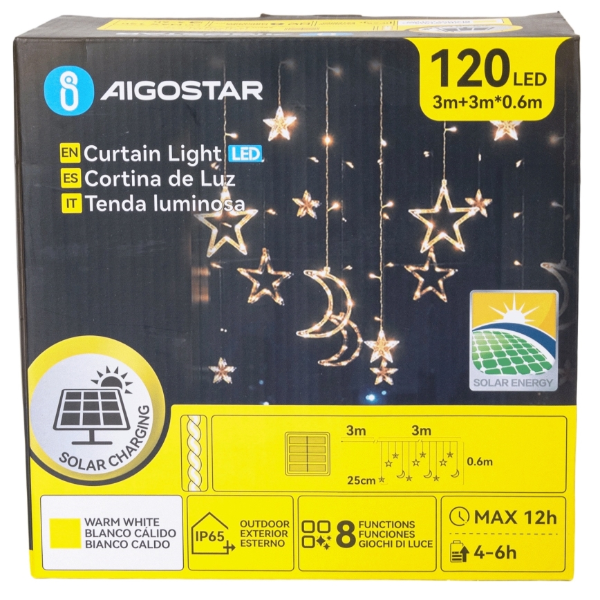 Aigostar - Solárny LED vianočný reťazec 120×LED / 8 režimov, 3×0,6 m, 500 mAh, IP65, teplá biela