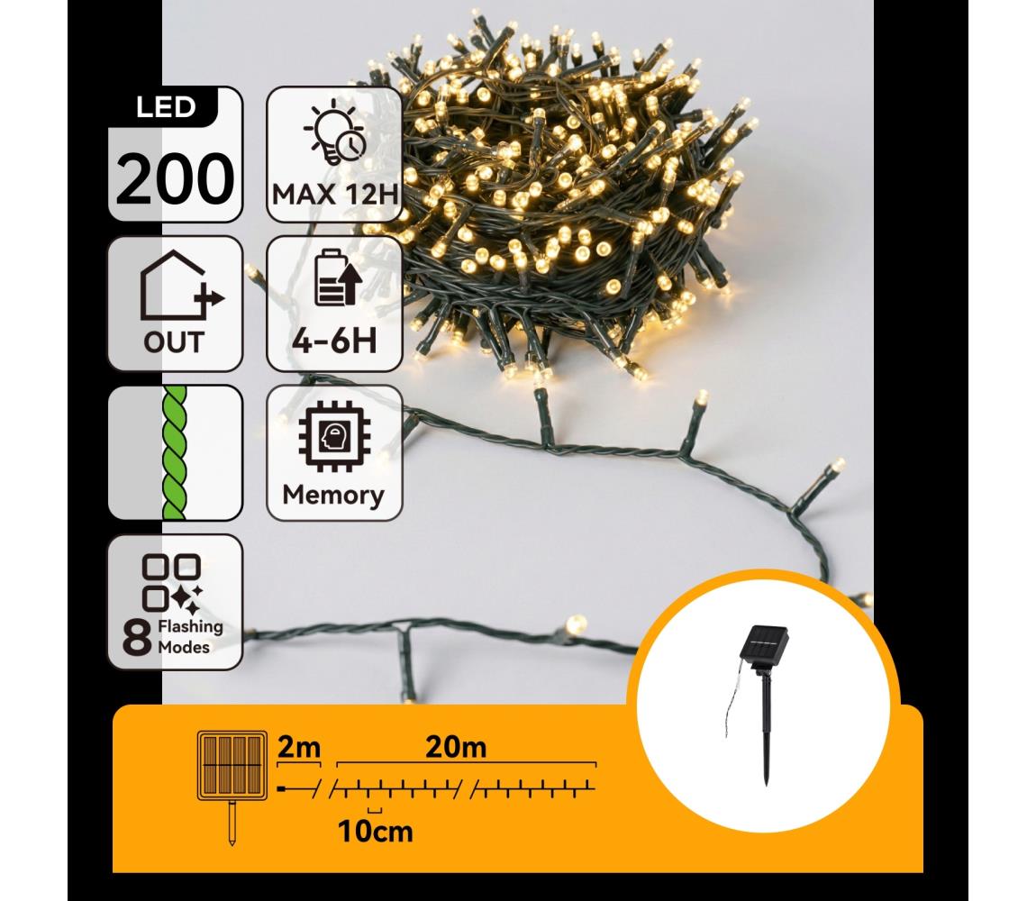 B.V.  - LED solárny vianočný reťazec 200xLED/8 funkcií 22m IP65 teplá biela 800mAh B10201ACSB
