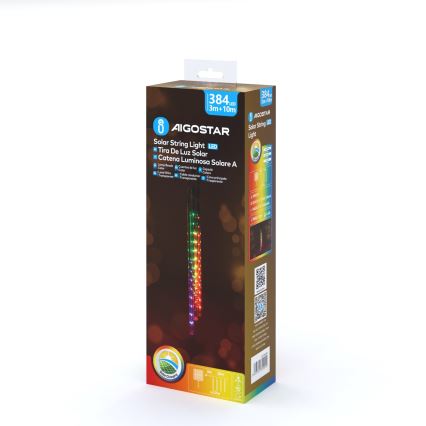 Balenie solárnych svetielok AIGOSTAR zobrazuje visiace LED svetlá s farebnými diódami. Svetlá sú zobrazené na hnedom pozadí. Na obale je uvedený názov produktu v niekoľkých jazykoch: Solar String Light, Tira De Luz Solar, Catena Luminosa Solare A. Balenie uvádza aj dĺžku 3m+10m a označenie 384 LED.