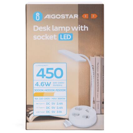 Aigostar - LED Stmievačová stolná lampa so zásuvkami a USB LED/4,6W/230V 3000/4000/6500K biela