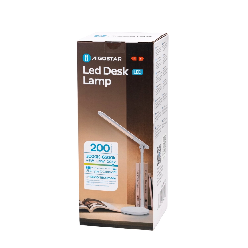Aigostar - LED Stmievateľná nabíjacia dotyková stolná lampa LED/3W/5V 2700/4000/6500K 1800 mAh