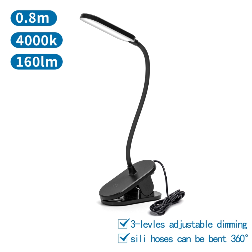 Aigostar - LED Stmievateľná stolná lampa s klipom LED/2,5W/5V čierna