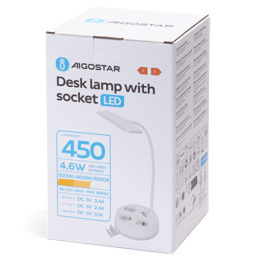Aigostar - LED stmievateľná stolná lampa so zásuvkami a USB LED/4,6W/230V 3000/4000/6500K biela