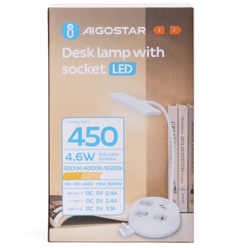 Aigostar - LED stmievateľná stolná lampa so zásuvkami a USB LED/4,6W/230V 3000/4000/6500K biela