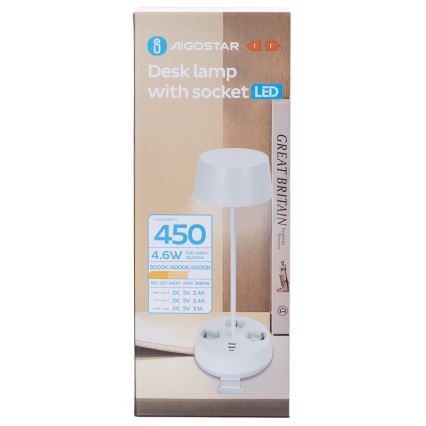 Aigostar - LED Stmievateľná stolná lampa so zásuvkami a USB LED/4,6W/230V 3000/4000/6500K biela