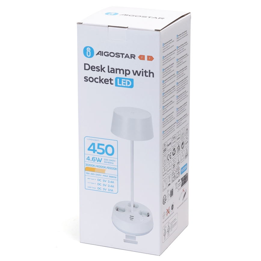 Aigostar - LED stmievateľná stolová lampa so zásuvkami a USB LED/4,6W/230V 3000/4000/6500K biela