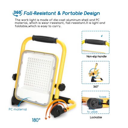 Prenositelná pracovná lampa zo zliatiny zinku a PC materiálu, odolná proti pádu a opotrebovaniu, skladná s protišmykovou rukoväťou, nastaviteľná o 180° a 360°. Lampa je ľahká a prenosná.