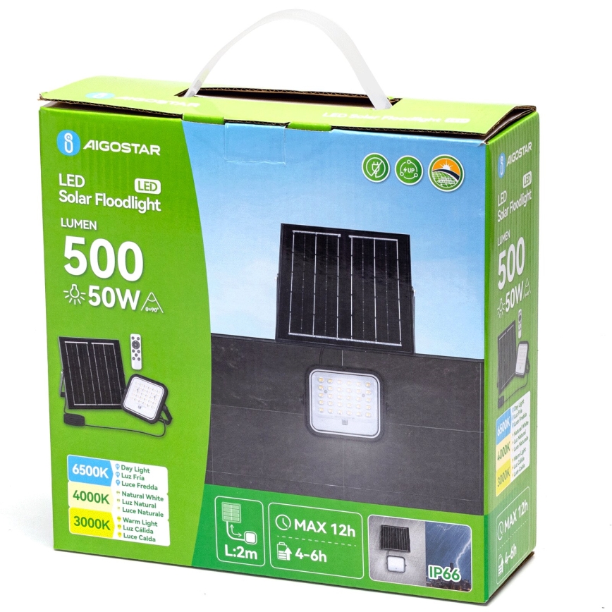 Aigostar - LED Stmievateľný solárny reflektor LED/50W/3,4V 3000/4000/6500K IP66 + diaľkové ovládanie