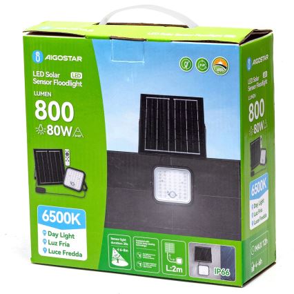Balenie solárneho LED svetla s čidlom. Svetlo má 800 lúmenov a 80 wattov. Balenie zobrazuje svetlo, solárny panel a diaľkové ovládanie.
