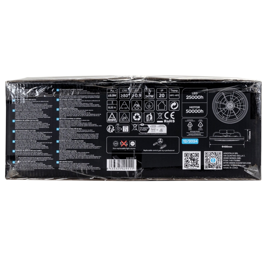 Aigostar - LED Stmievateľný stropný ventilátor LED/40W/230V 2700-6500K pr. 48 cm + diaľkové ovládanie čierna
