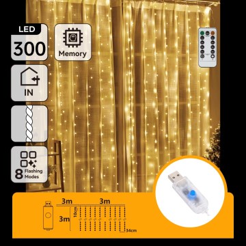 Aigostar - LED stmievateľný vianočný reťaz 300xLED/8 funkcií USB 6x3m teplá biela + diaľkové ovládanie