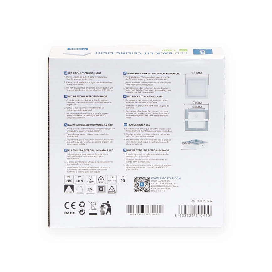 Aigostar - LED Stropné prisadené svietidlo LED/12W/230V 17,3x17,3 cm 6500K biela