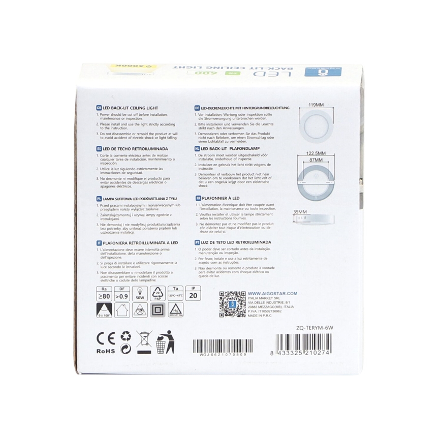 Aigostar - LED Stropné prisadené svietidlo LED/6W/230V pr. 12,3 cm 3000K biela
