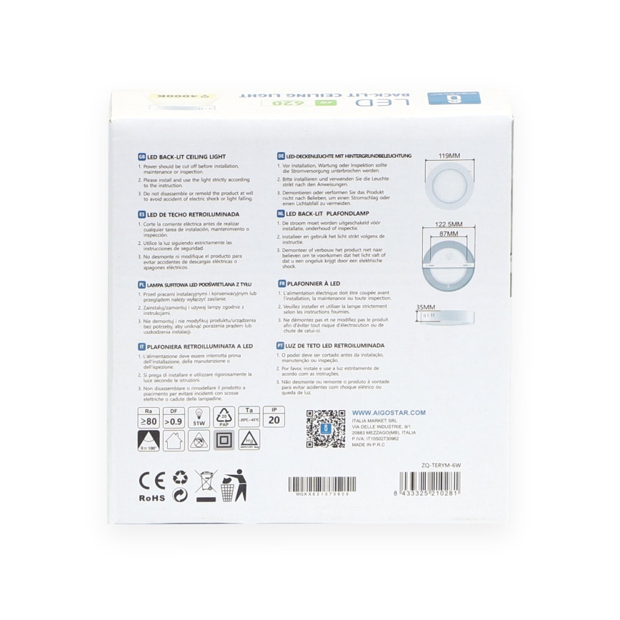 Aigostar - LED Stropné prisadené svietidlo LED/6W/230V pr. 12,3 cm 4000K biela