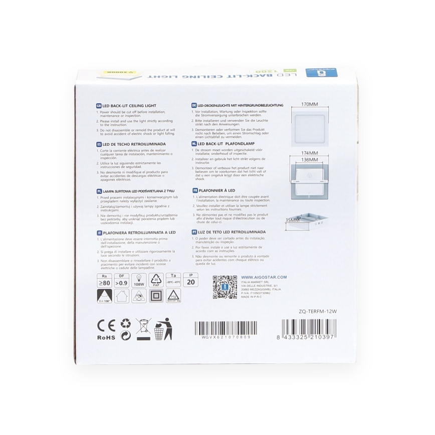 Aigostar - LED Stropné svietidlo LED/12W/230V 17,3x17,3 cm 3000K biela