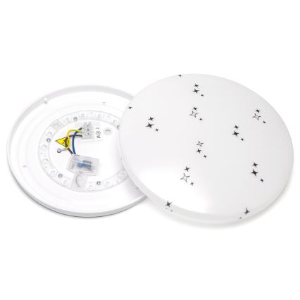 LED stropné svietidlo s rozobratelným krytom. Kryt svietidla je biely s čiernymi hviezdami. Vnútorná časť zobrazuje LED diódy a zapojenie.