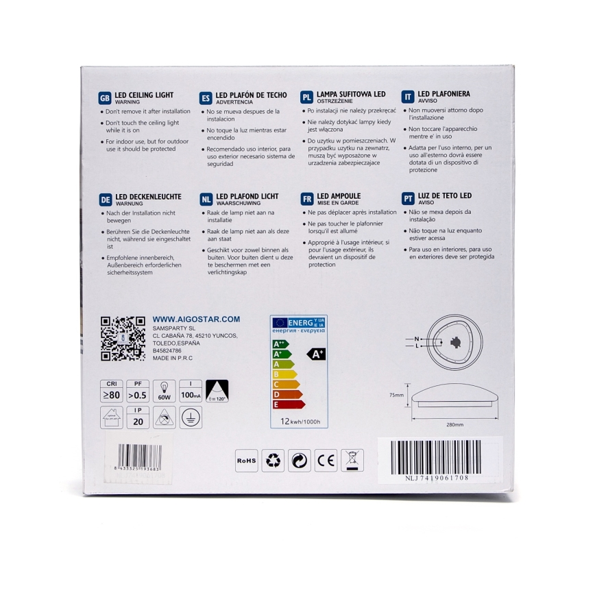 Aigostar - LED stropné svietidlo LED/12W/230V 3000K Ø 28 cm