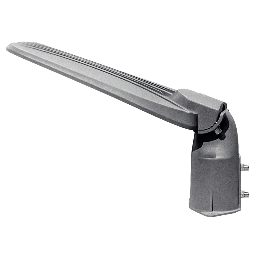 Dlhá sivá lampa s rebrovaným povrchom je pripevnená k cylindrickému základu. Lampa je umiestnená na bielom pozadí.