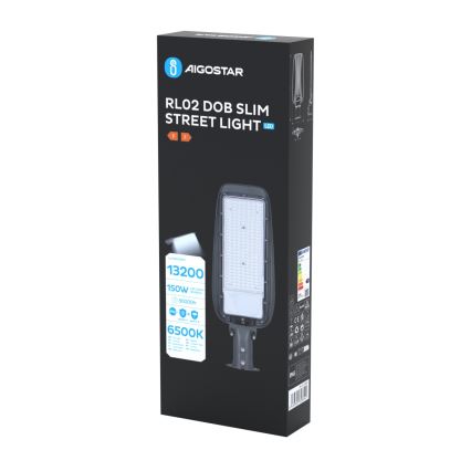LED pouličné svietidlo RL02 DOB SLIM je zobrazené na obale. Svietidlo má 150W, 13200 lm, 6500K a životnosť 30000 hodín. Balenie je čierne s bielym textom.