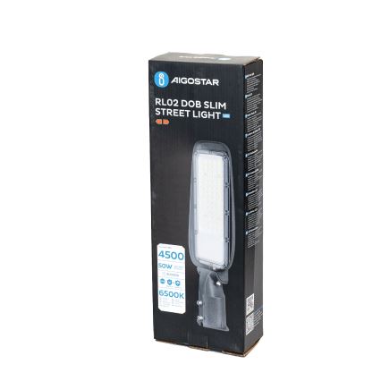 LED pouličné svietidlo RL02 DOB SLIM je zobrazené v balení. Balenie uvádza výkon 4500 lm, 50 W a 6500 K. Na obale je aj názov výrobcu AIGOSTAR.